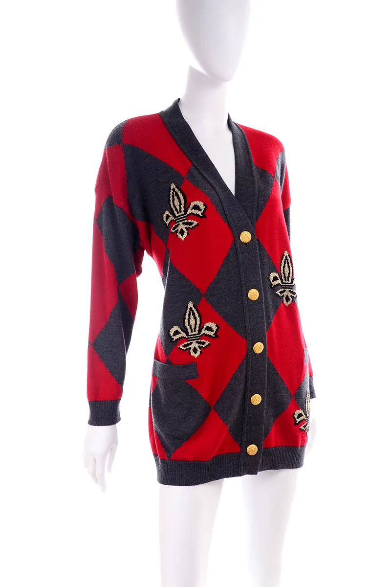1980s Escada Red & Grey Fleur De Lis Harlequin Oversized Vintage Cardigan