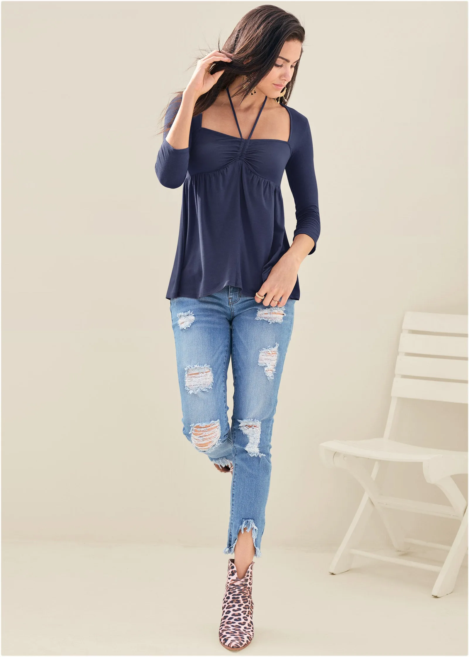 Babydoll Halter-Tie Top - Navy
