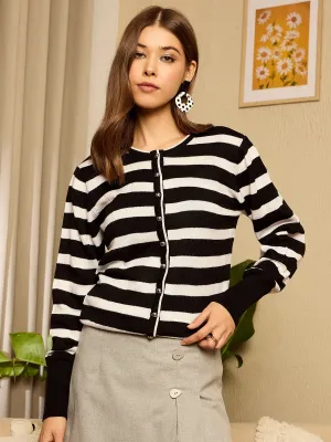 Berrylush Women Black Striped Round Neck Full Sleeve Front Open Regular Cardigan
