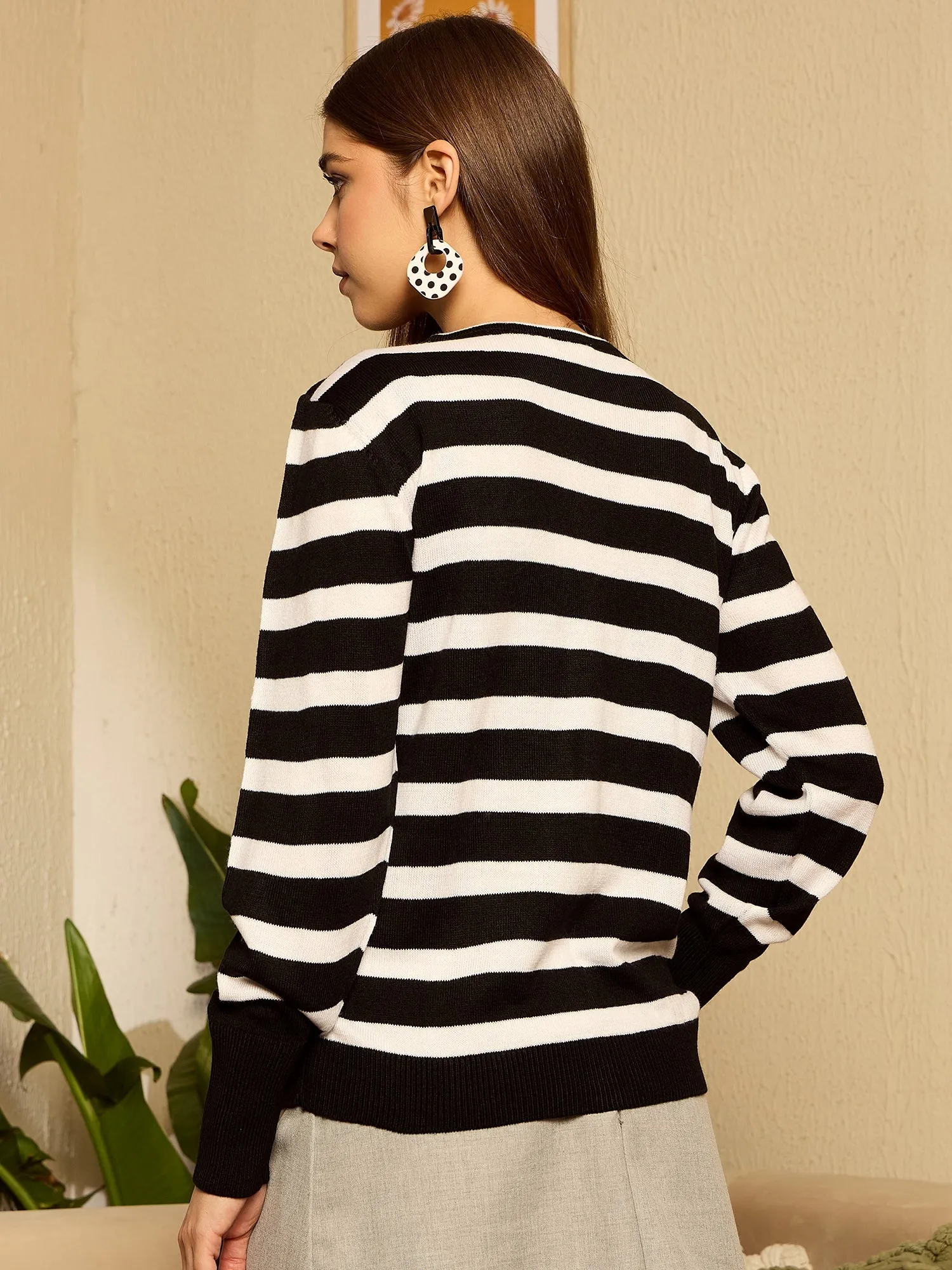 Berrylush Women Black Striped Round Neck Full Sleeve Front Open Regular Cardigan