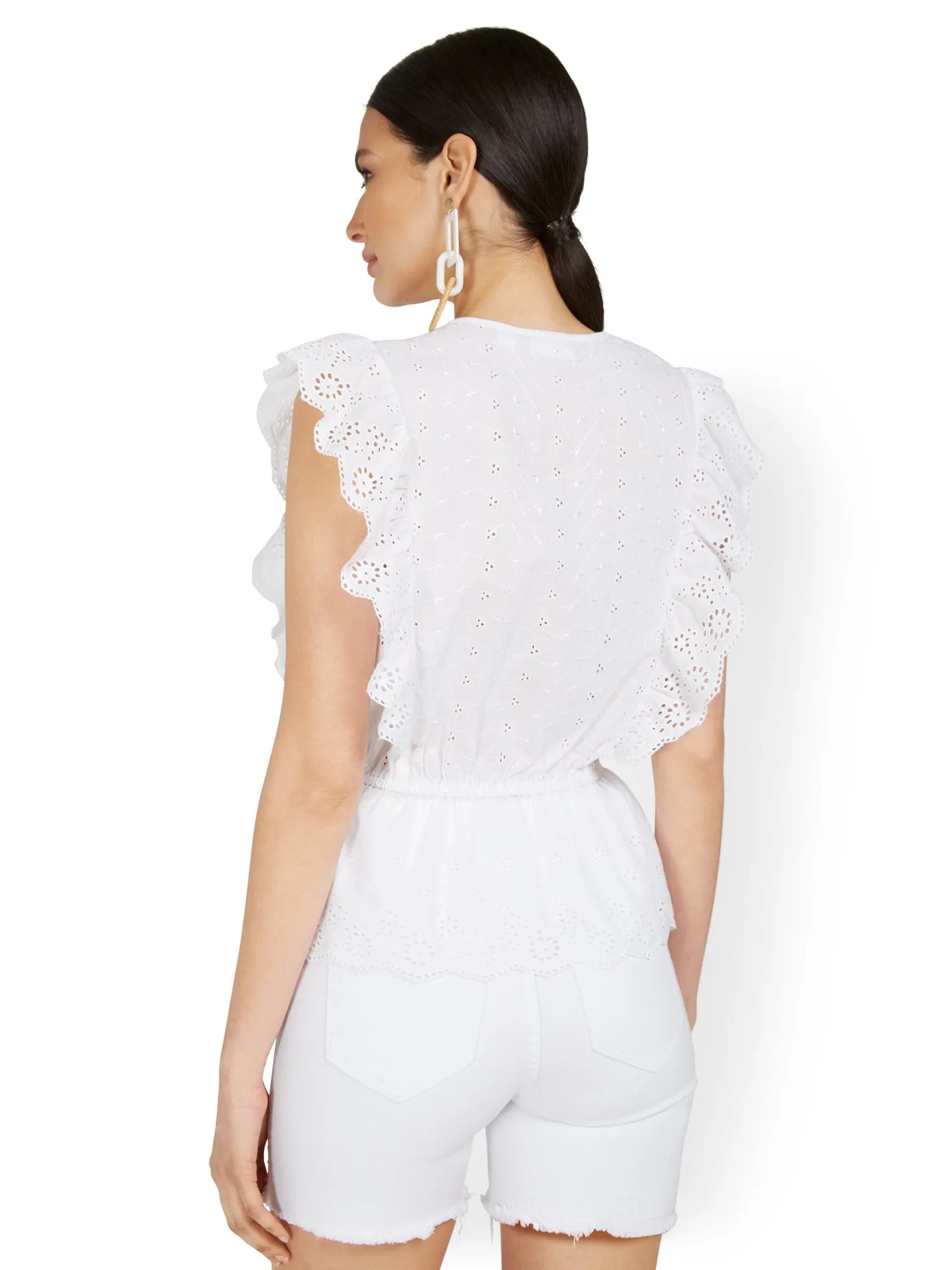 Button-Front Eyelet V-Neck Ruffle Top