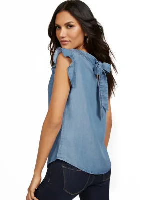 Chambray Flutter-Sleeve Keyhole Bow Blouse