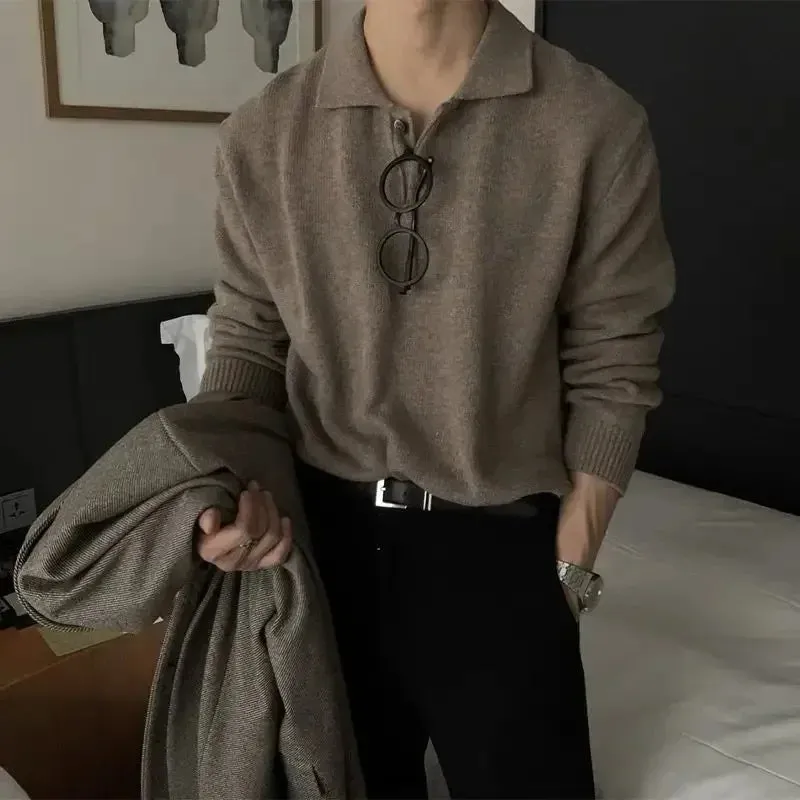 CHICMY-New Fashionable Korean Style Men's Sweater Polo Lapel Pullover Brown Loose Casual Button Soft Harajuku Knitted Sweater for Men