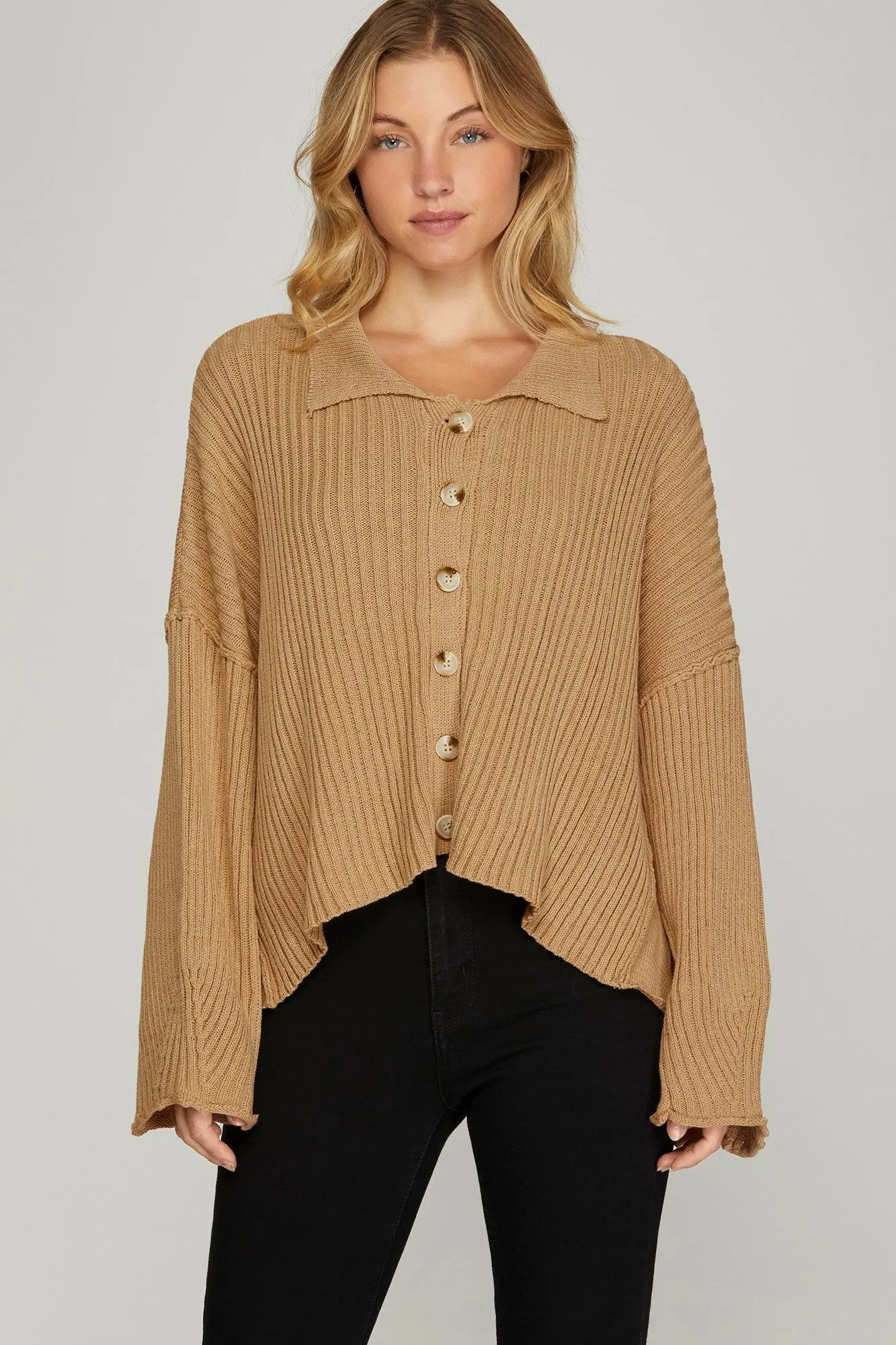 Collared Button Down Sweater - Taupe