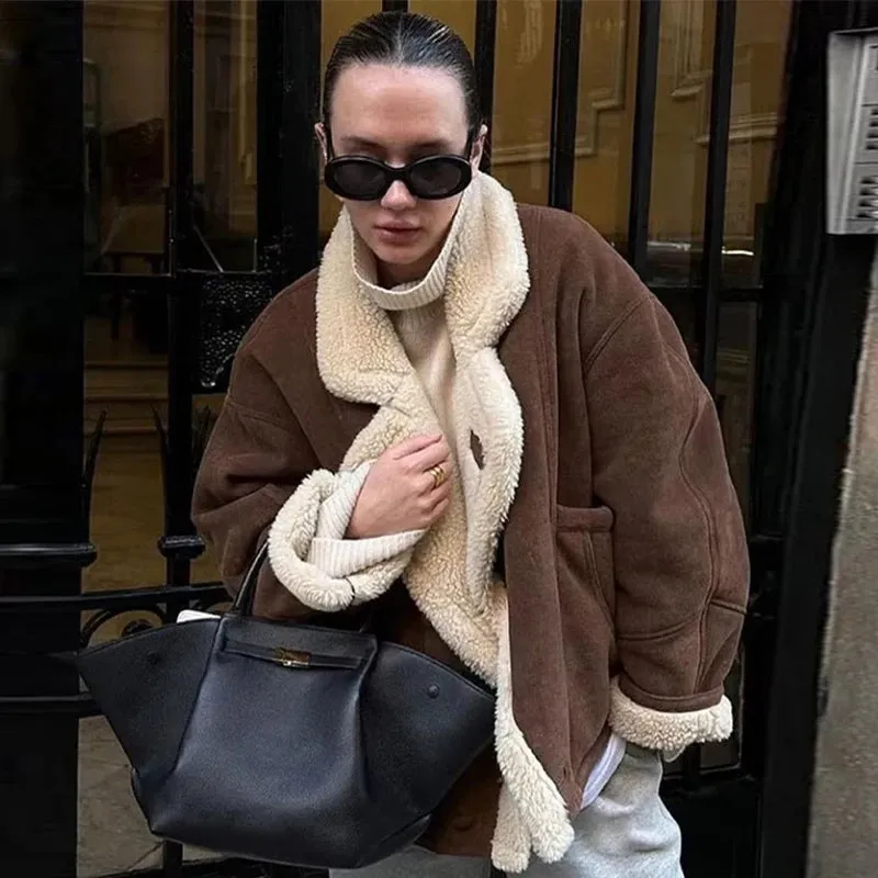 French Vintage Lamb Wool Women Coat Patchwork Full Sleeve Lapel Parka Coat Loose Winter Warm Jacket Thicken Pocket Lady Overcoat