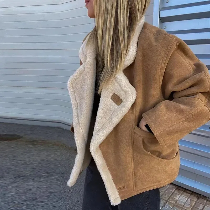 French Vintage Lamb Wool Women Coat Patchwork Full Sleeve Lapel Parka Coat Loose Winter Warm Jacket Thicken Pocket Lady Overcoat