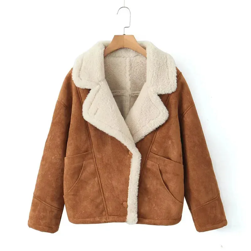 French Vintage Lamb Wool Women Coat Patchwork Full Sleeve Lapel Parka Coat Loose Winter Warm Jacket Thicken Pocket Lady Overcoat