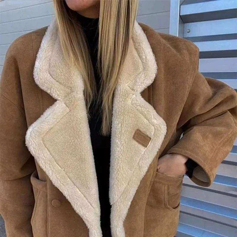 French Vintage Lamb Wool Women Coat Patchwork Full Sleeve Lapel Parka Coat Loose Winter Warm Jacket Thicken Pocket Lady Overcoat
