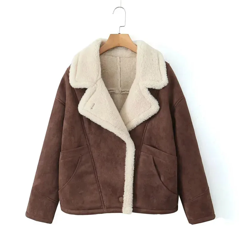 French Vintage Lamb Wool Women Coat Patchwork Full Sleeve Lapel Parka Coat Loose Winter Warm Jacket Thicken Pocket Lady Overcoat