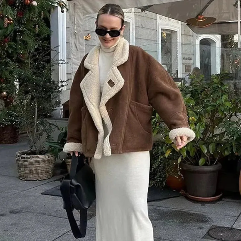 French Vintage Lamb Wool Women Coat Patchwork Full Sleeve Lapel Parka Coat Loose Winter Warm Jacket Thicken Pocket Lady Overcoat