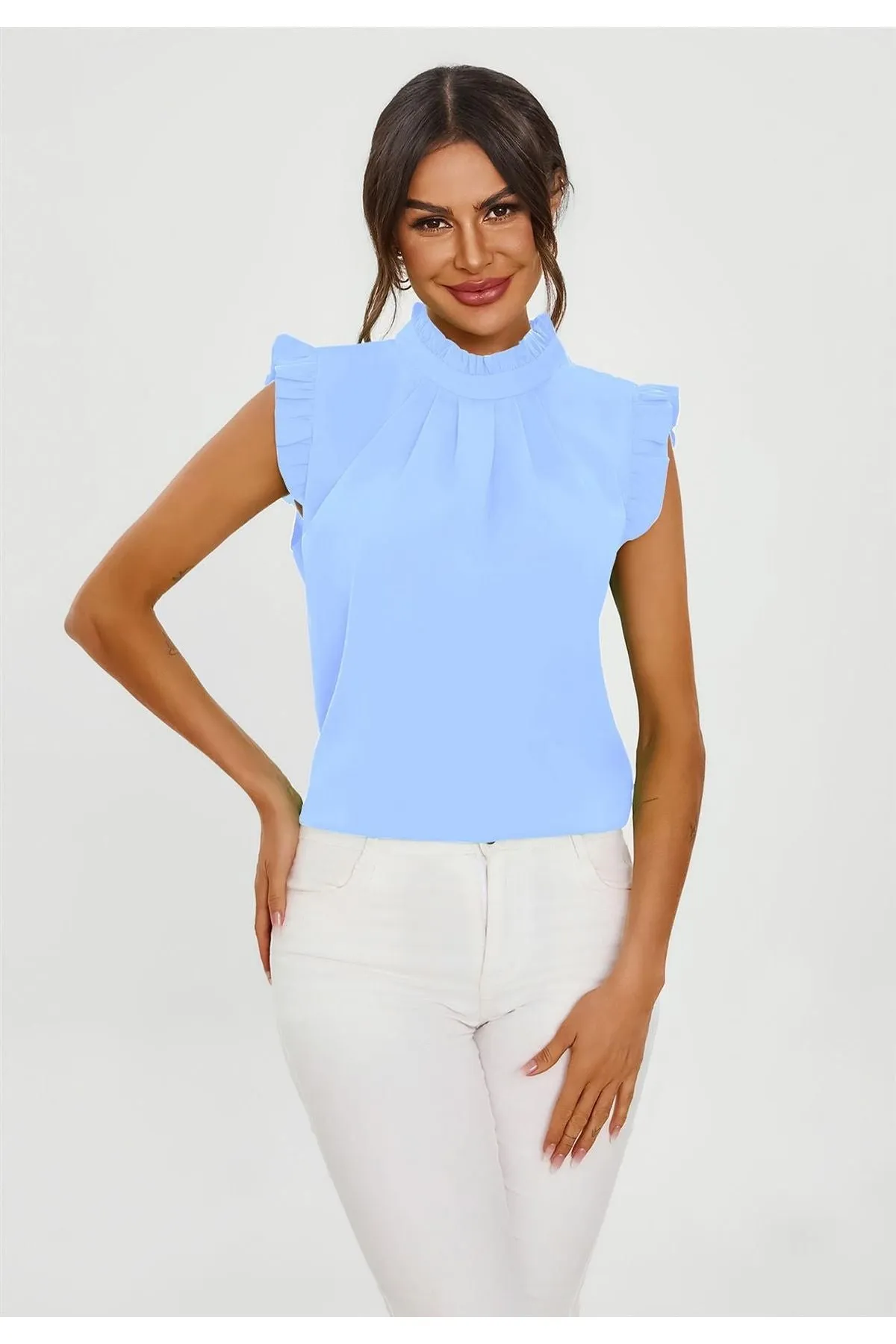 FS Collection Frill Trim Sleeve High Neck Blouse Top In Light Blue