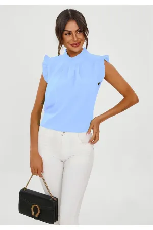 FS Collection Frill Trim Sleeve High Neck Blouse Top In Light Blue
