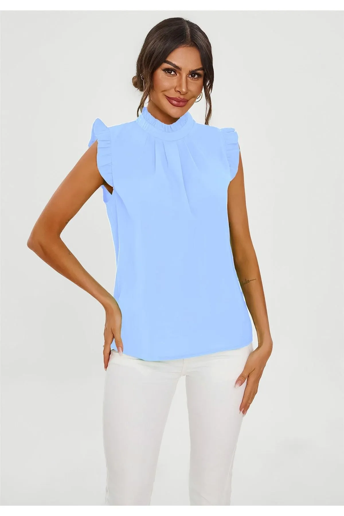 FS Collection Frill Trim Sleeve High Neck Blouse Top In Light Blue