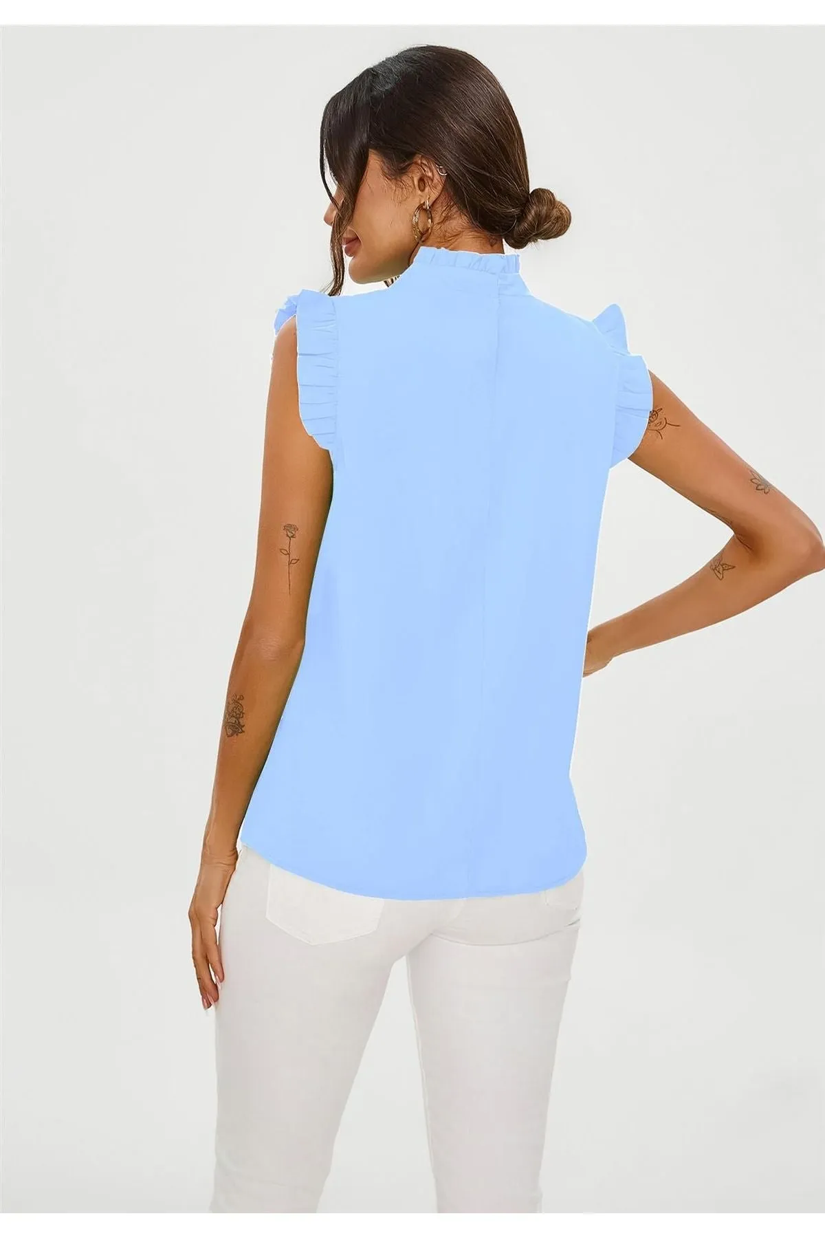 FS Collection Frill Trim Sleeve High Neck Blouse Top In Light Blue