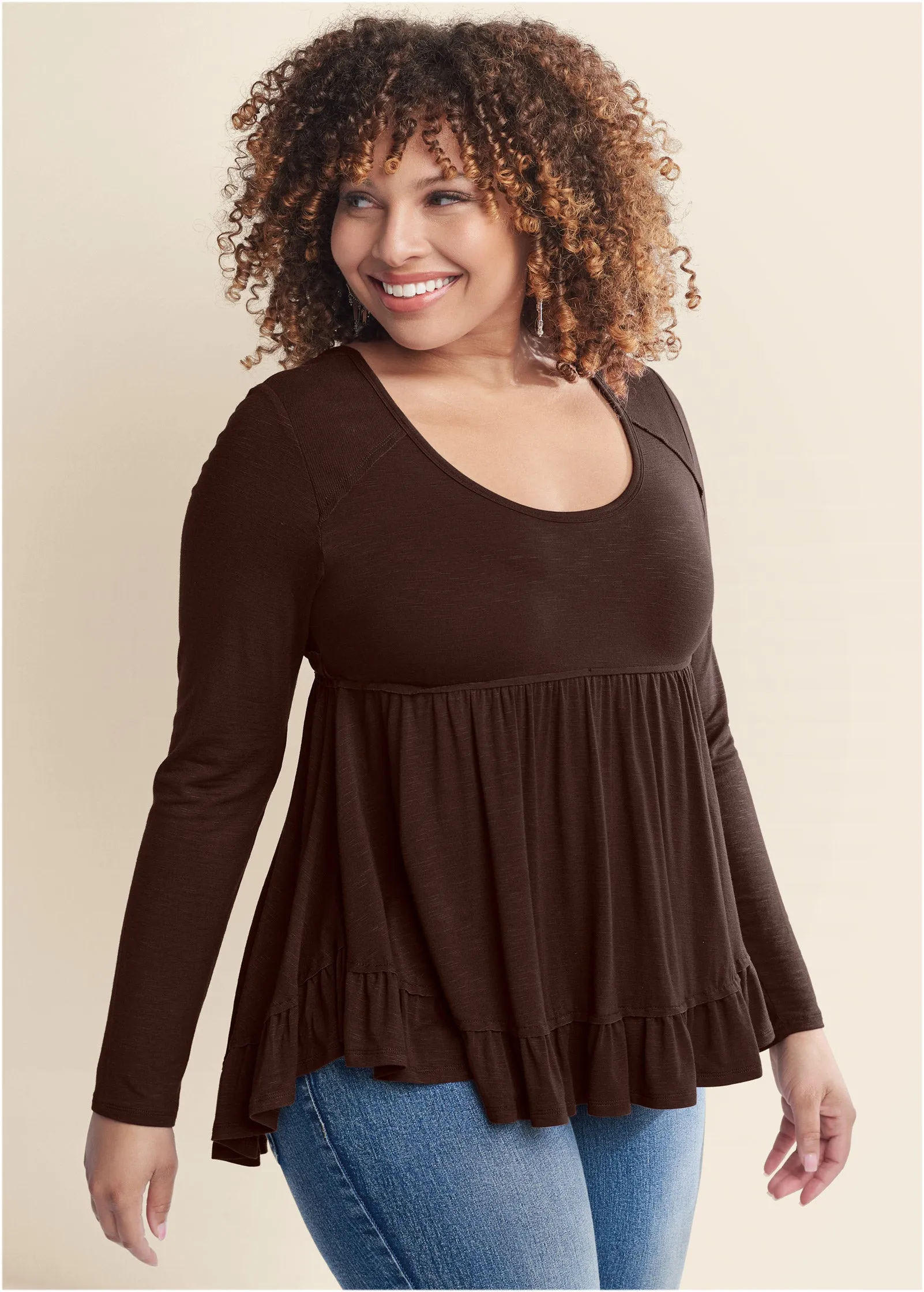Long Sleeve Babydoll Top - Dark Brown