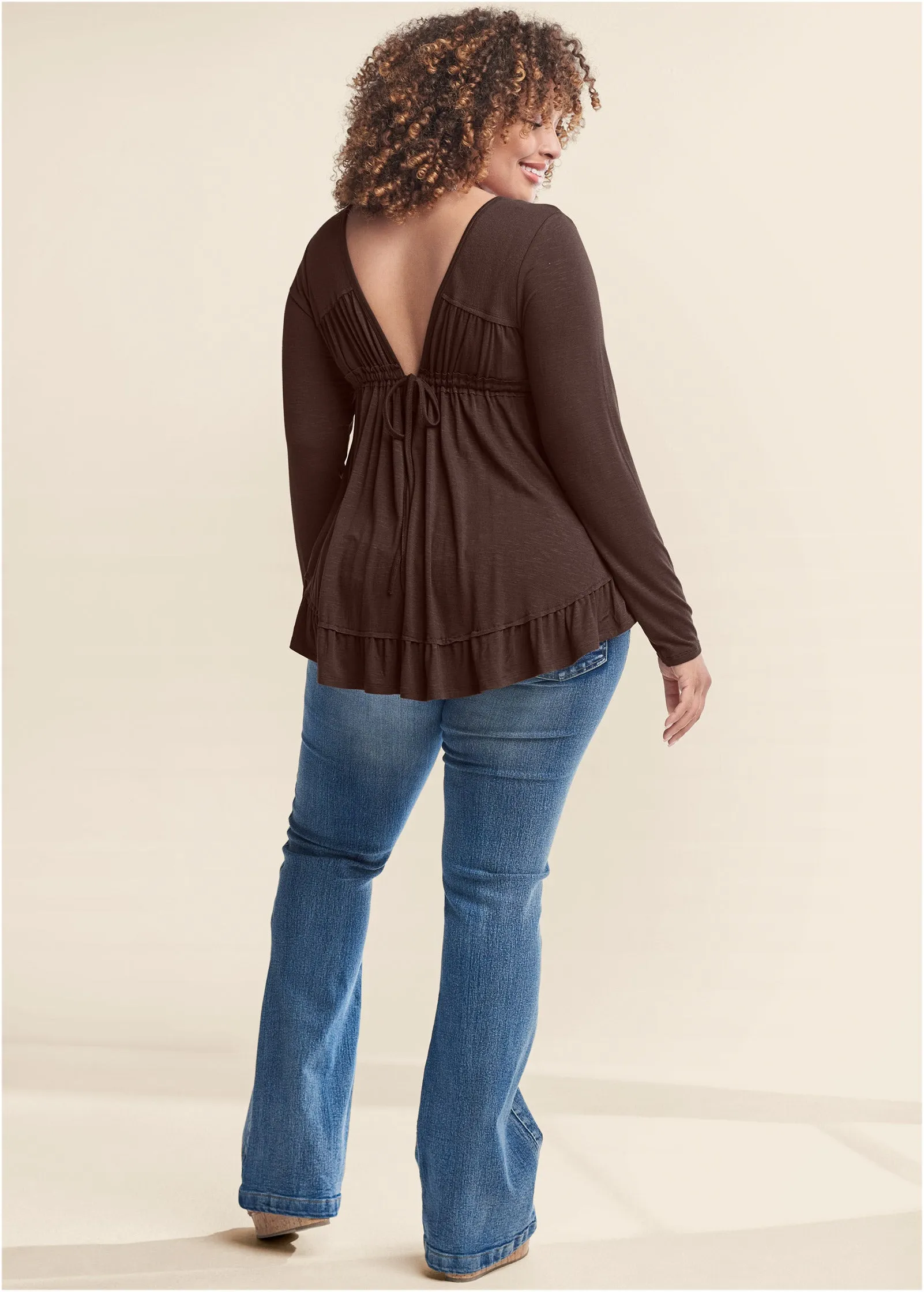 Long Sleeve Babydoll Top - Dark Brown