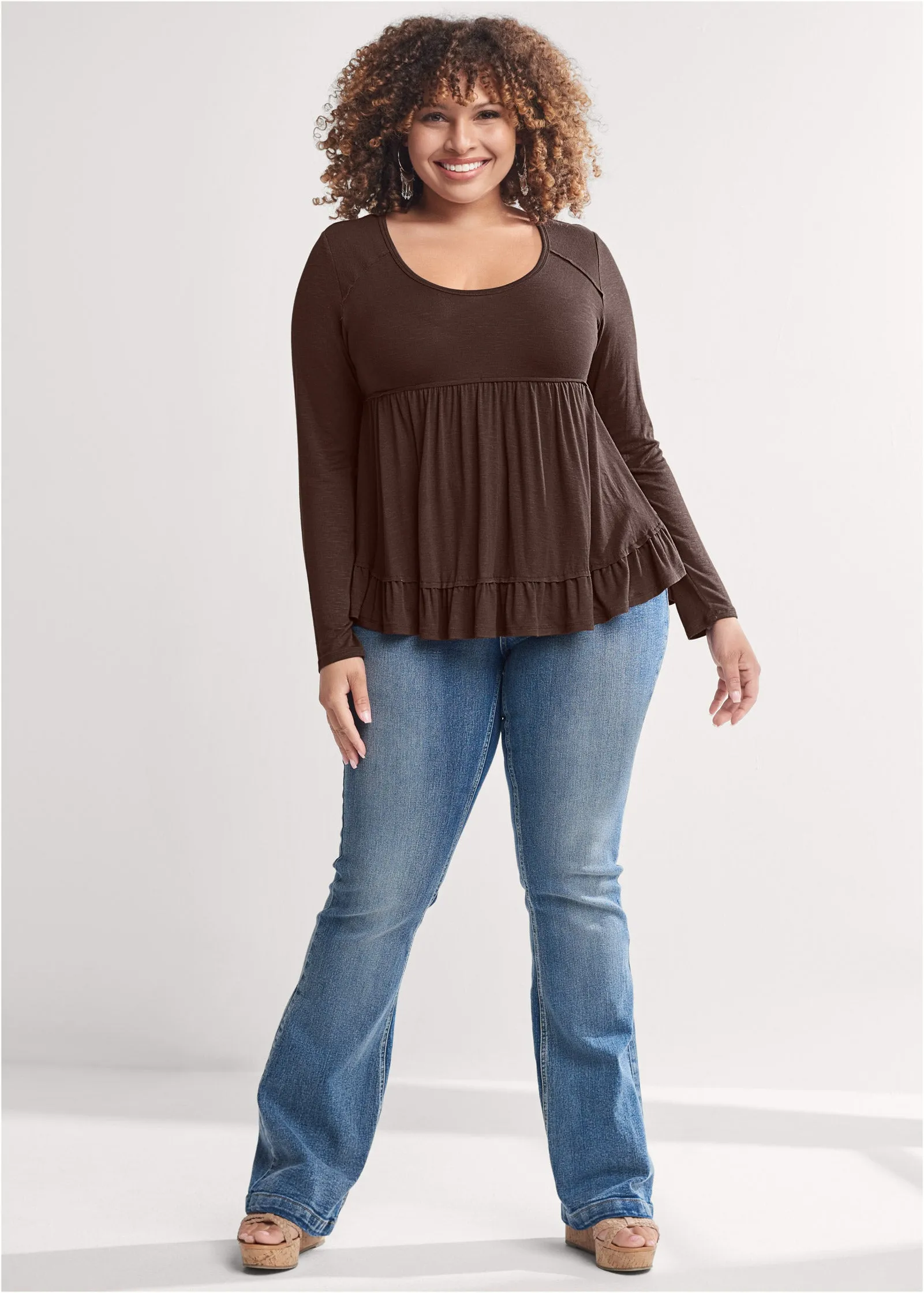 Long Sleeve Babydoll Top - Dark Brown