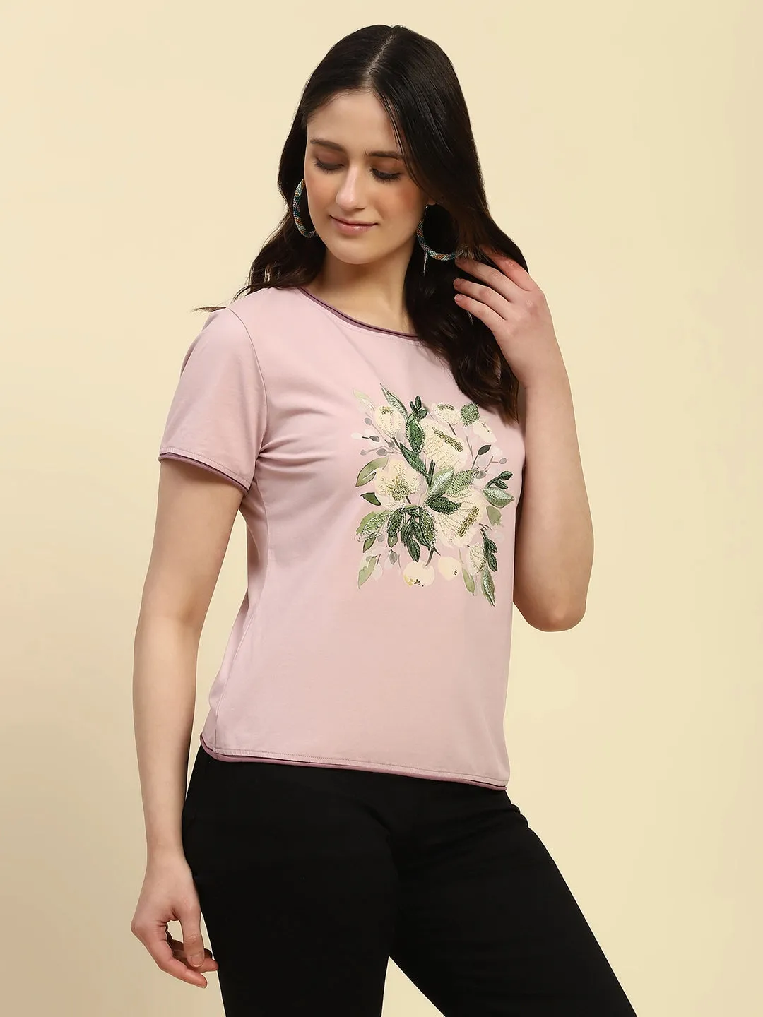 Mauve Embroidered Cotton Relaxed Fit Top