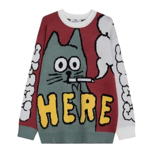 Men Sweater Cartoon Funny Cat Print Pullover Sweaters Men Soft Slim Casual High Street Fashion Autumn Streetwear