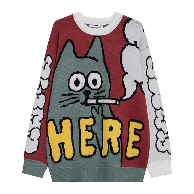 Men Sweater Cartoon Funny Cat Print Pullover Sweaters Men Soft Slim Casual High Street Fashion Autumn Streetwear