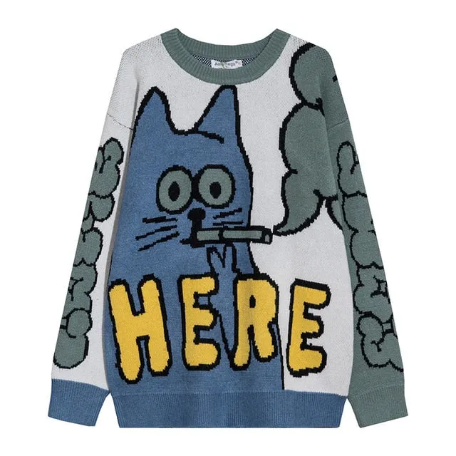 Men Sweater Cartoon Funny Cat Print Pullover Sweaters Men Soft Slim Casual High Street Fashion Autumn Streetwear