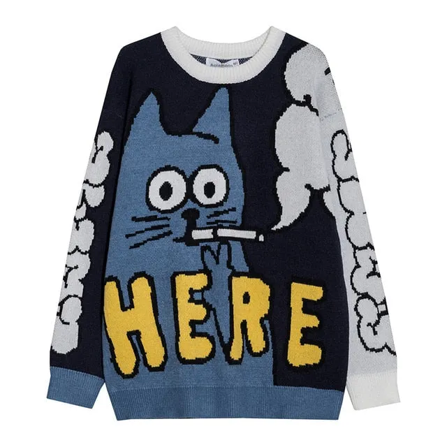 Men Sweater Cartoon Funny Cat Print Pullover Sweaters Men Soft Slim Casual High Street Fashion Autumn Streetwear