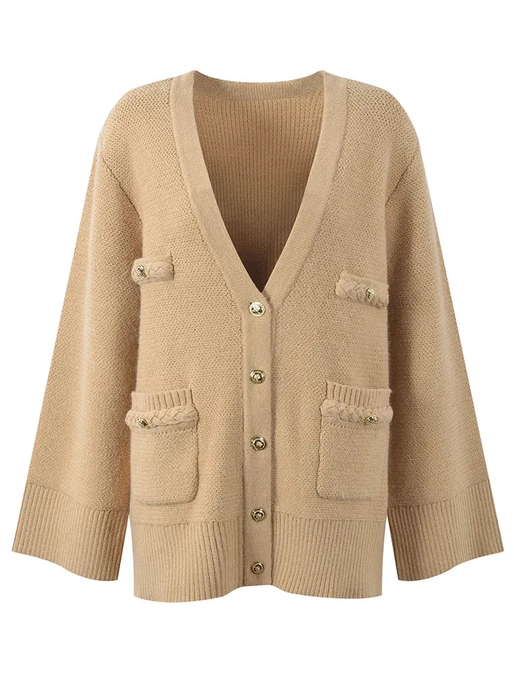 Metaversmall Temperament Spliced Button Knittiing Sweaters For Women V Neck Long Sleeve Patchwork Pockets Minimalist Loose Sweater Female