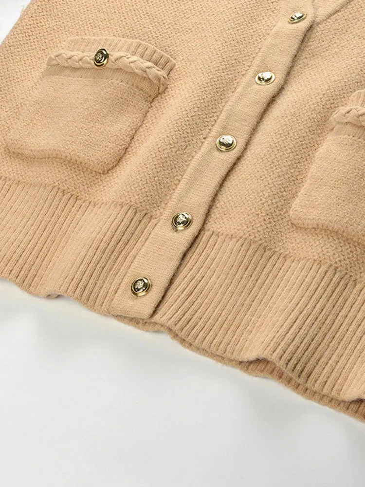 Metaversmall Temperament Spliced Button Knittiing Sweaters For Women V Neck Long Sleeve Patchwork Pockets Minimalist Loose Sweater Female