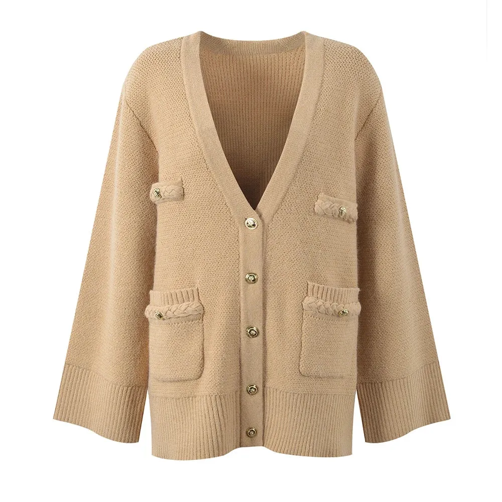 Metaversmall Temperament Spliced Button Knittiing Sweaters For Women V Neck Long Sleeve Patchwork Pockets Minimalist Loose Sweater Female