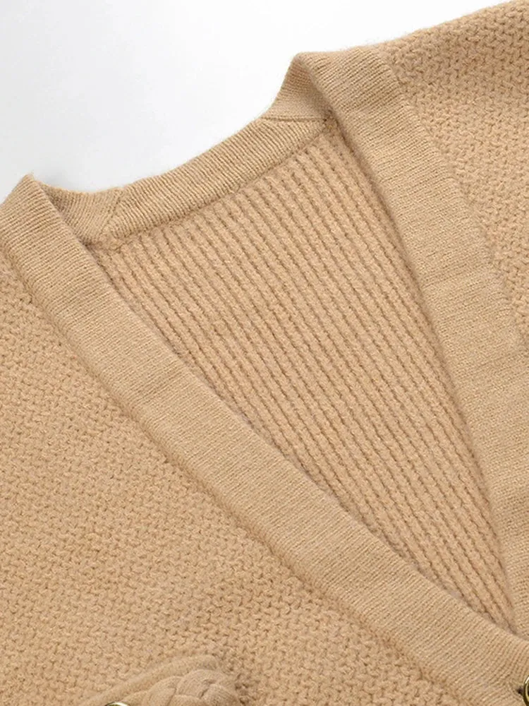 Metaversmall Temperament Spliced Button Knittiing Sweaters For Women V Neck Long Sleeve Patchwork Pockets Minimalist Loose Sweater Female