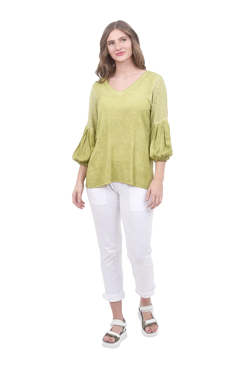 Oil-Wash Knit Slub Top, Green Tea