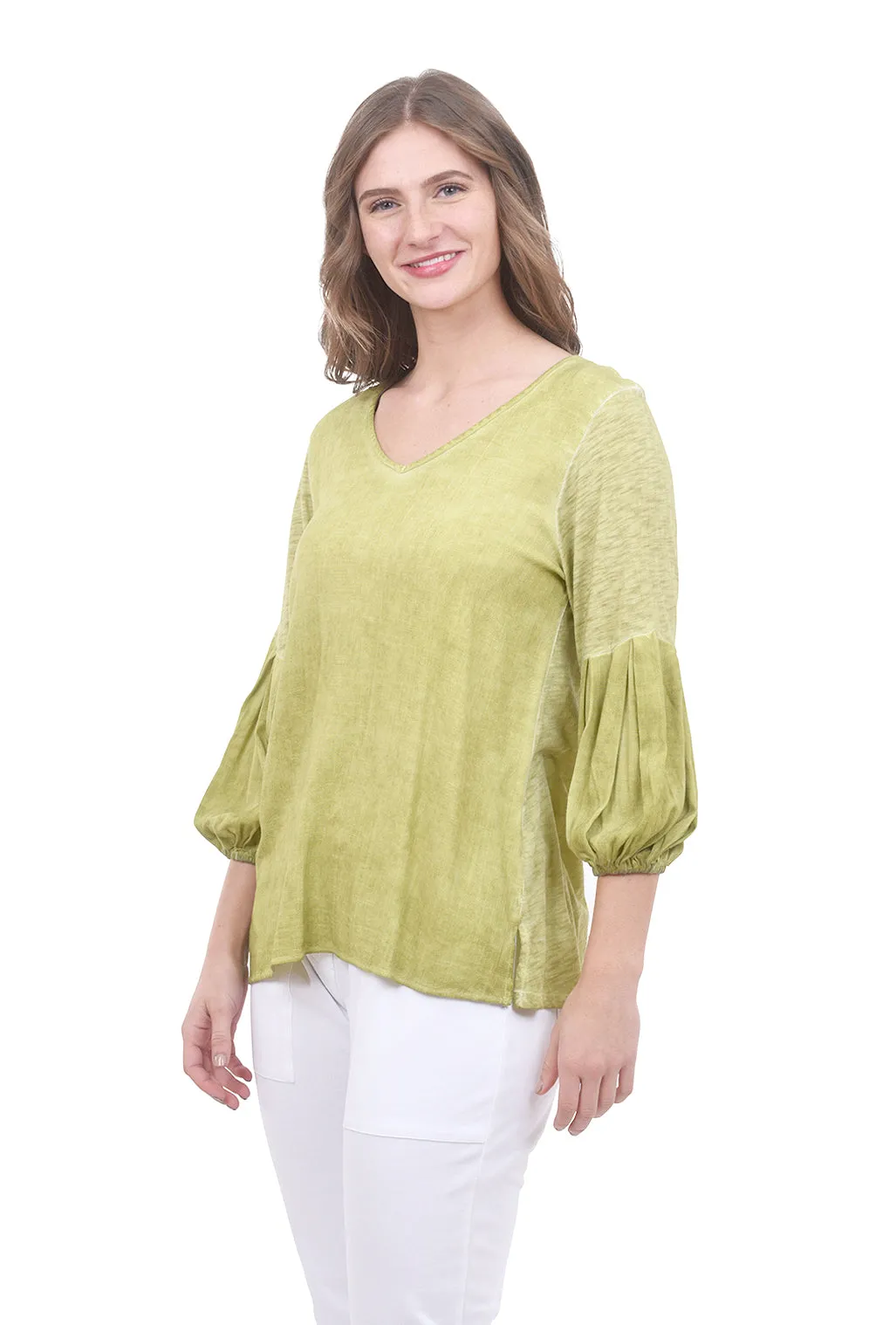 Oil-Wash Knit Slub Top, Green Tea
