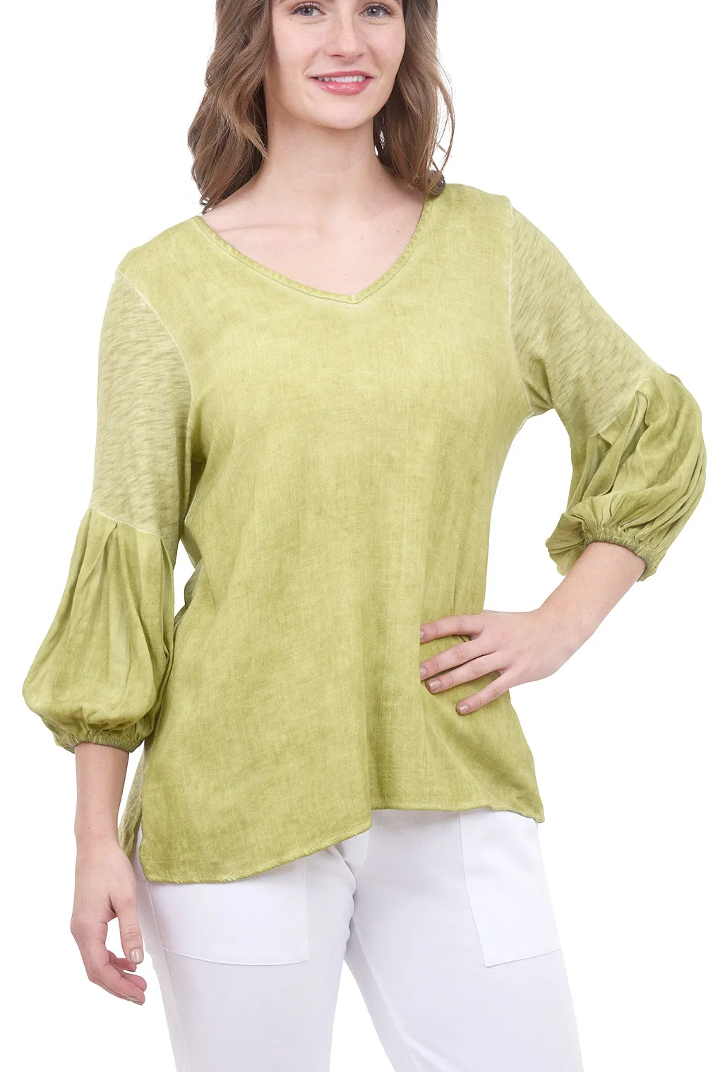 Oil-Wash Knit Slub Top, Green Tea
