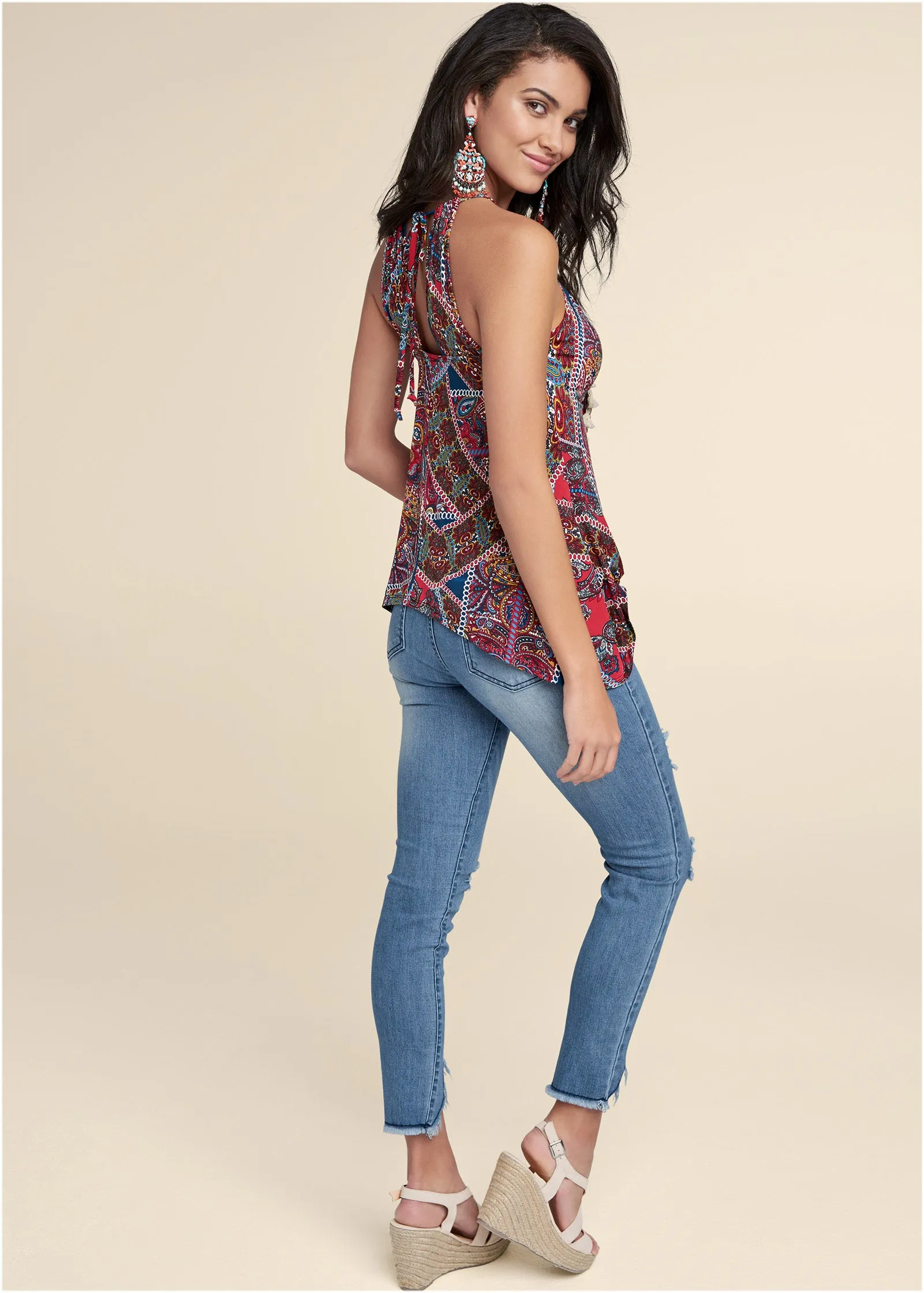 Paisley Print Tassel Top - Red Multi