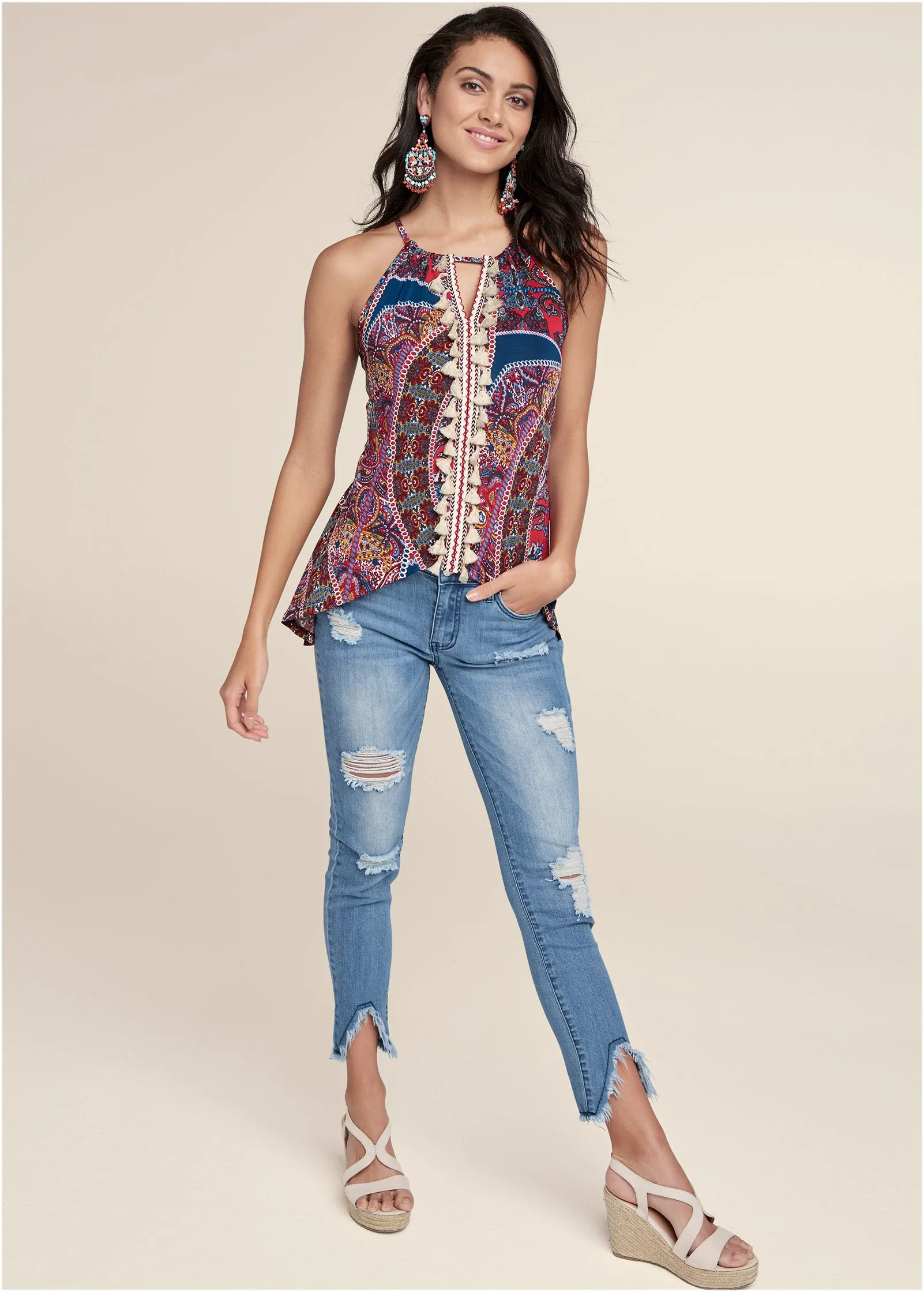 Paisley Print Tassel Top - Red Multi