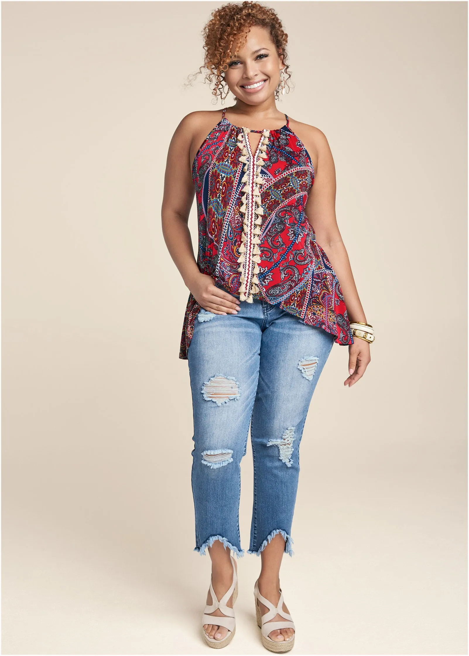 Paisley Print Tassel Top - Red Multi