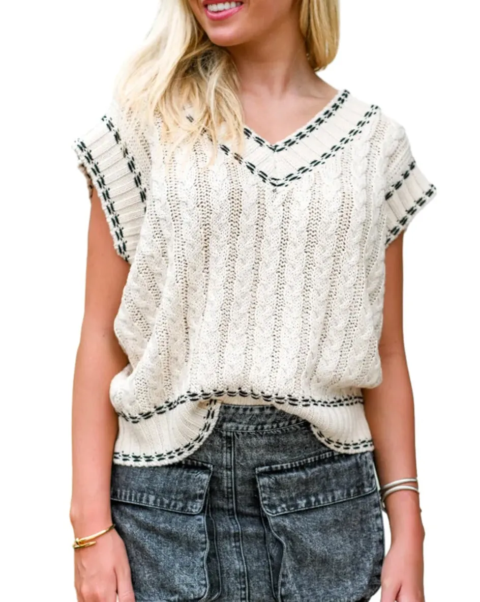 Stripe Cable Sleeveless Sweater Top