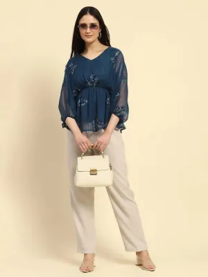 Teal Embroidered Poly Blend Regular Fit Blouson Top