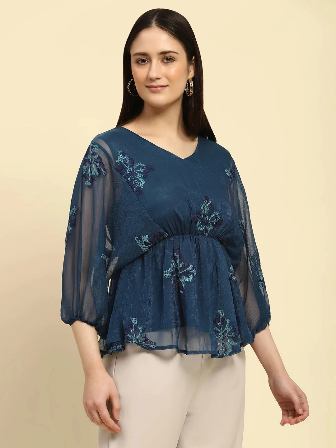 Teal Embroidered Poly Blend Regular Fit Blouson Top
