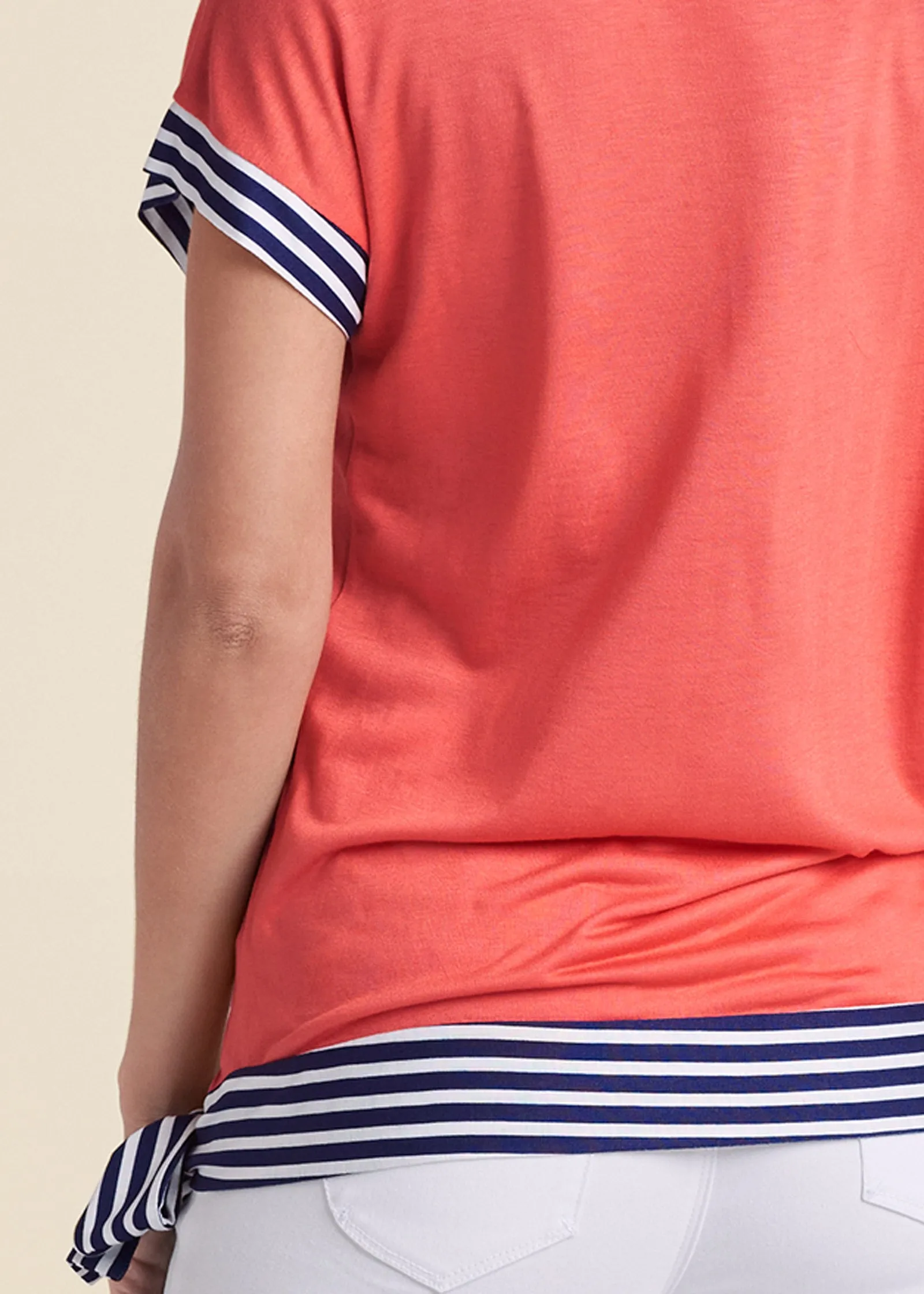 Tie Detail Printed Top - Coral & Navy Blue