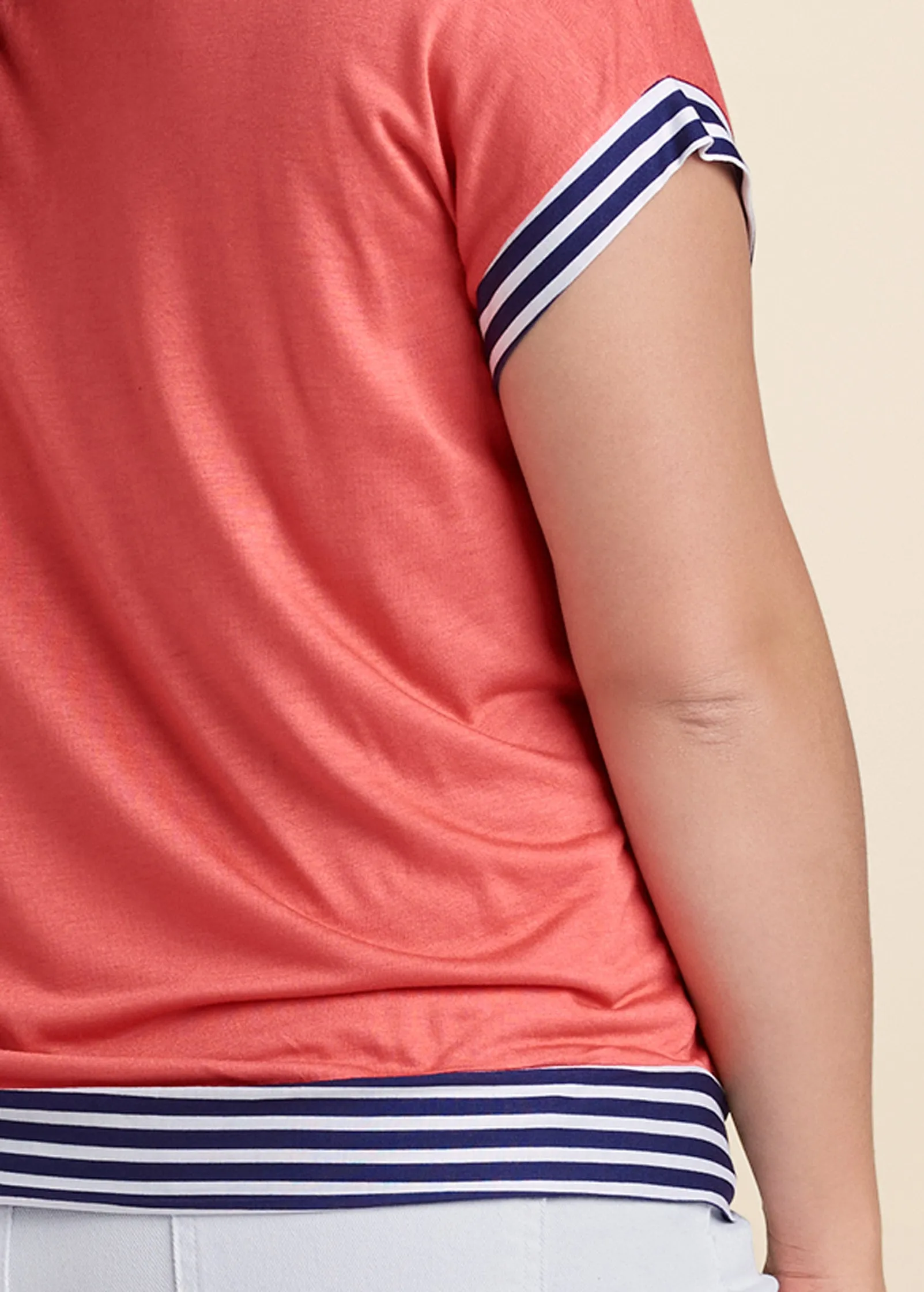 Tie Detail Printed Top - Coral & Navy Blue