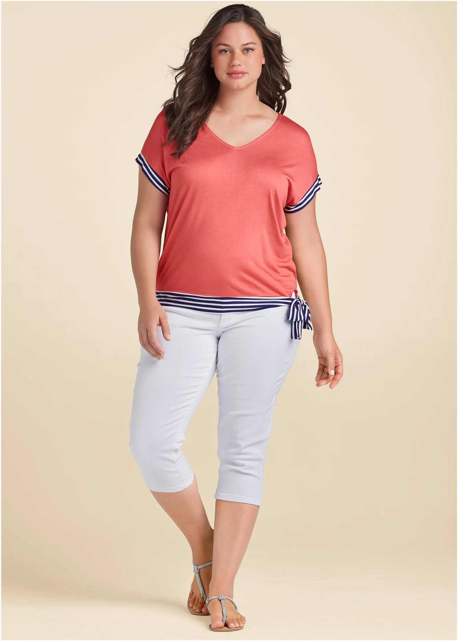 Tie Detail Printed Top - Coral & Navy Blue