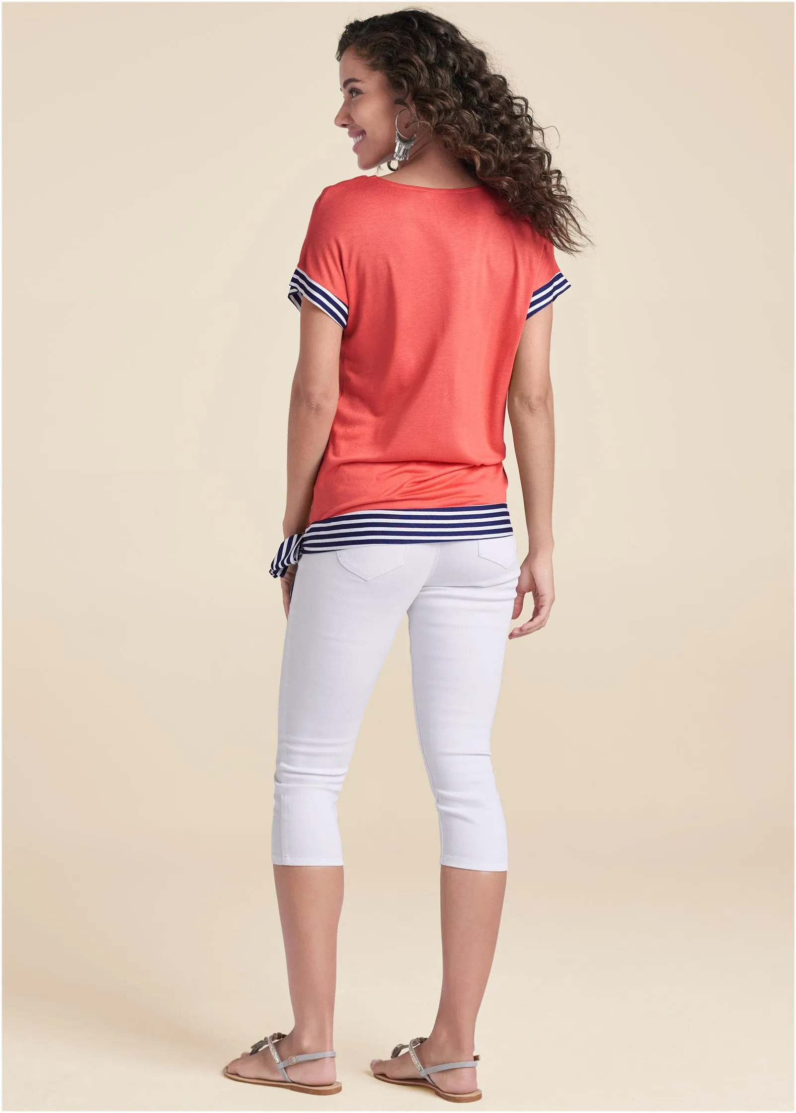 Tie Detail Printed Top - Coral & Navy Blue