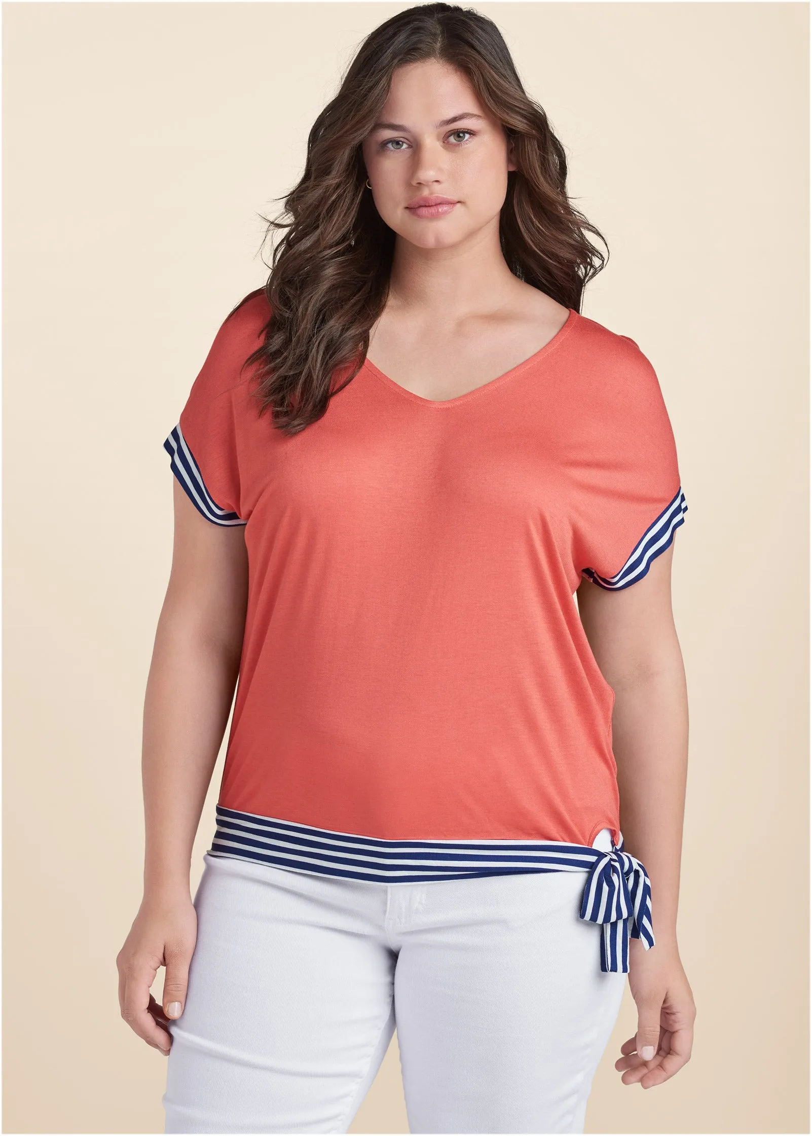 Tie Detail Printed Top - Coral & Navy Blue