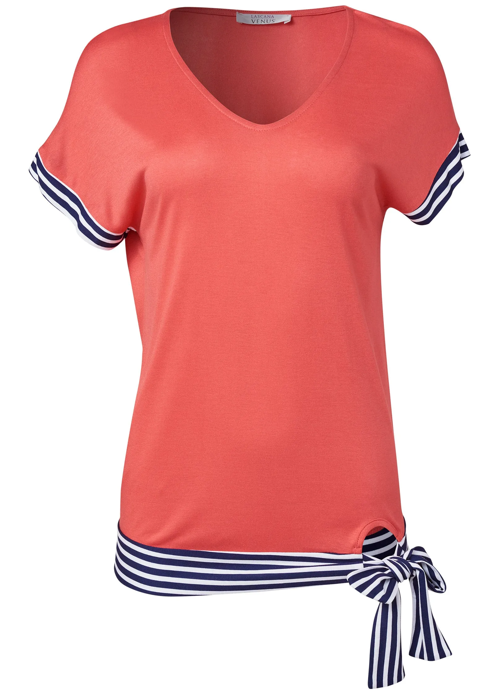 Tie Detail Printed Top - Coral & Navy Blue