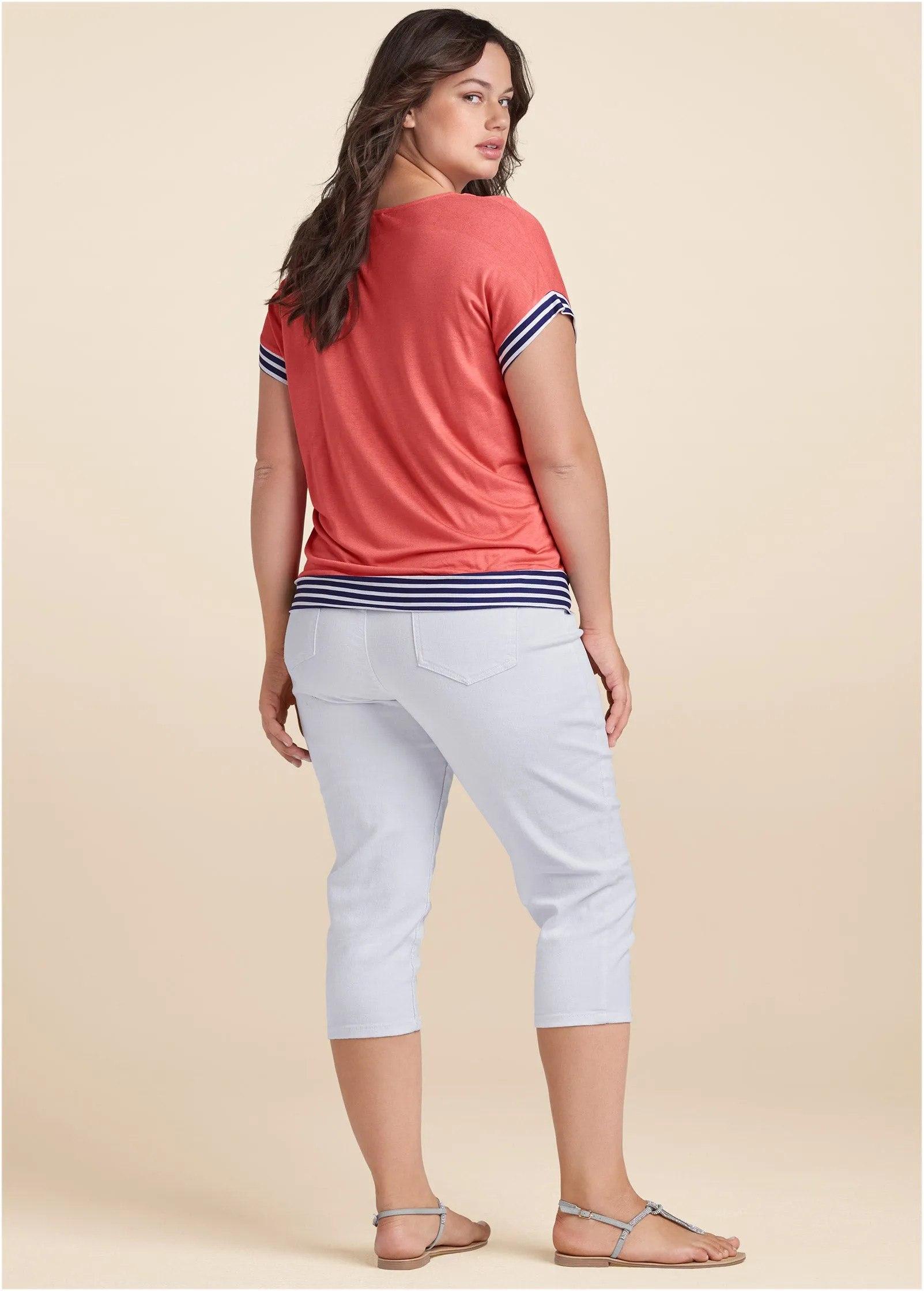 Tie Detail Printed Top - Coral & Navy Blue