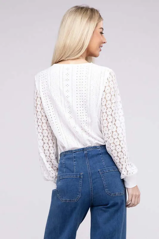 White V Neck Lace Trim Long Sleeve Top
