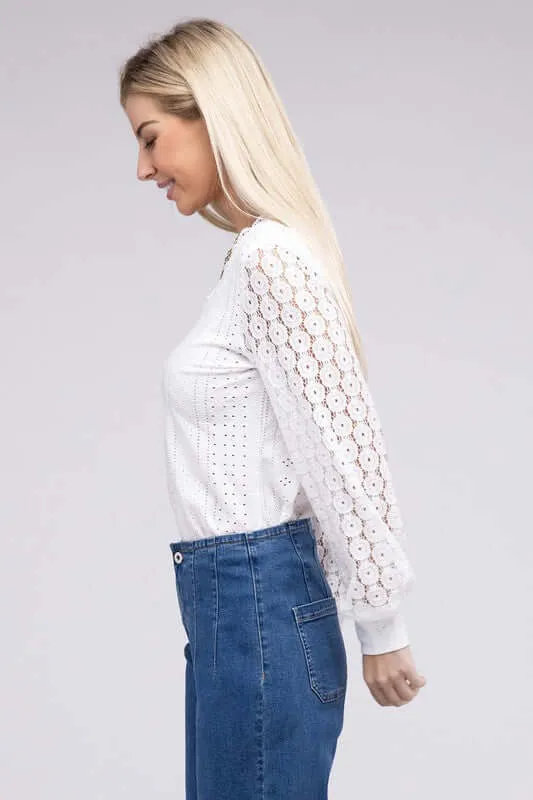 White V Neck Lace Trim Long Sleeve Top