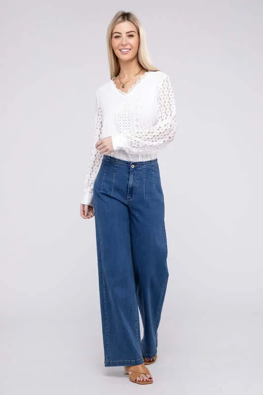 White V Neck Lace Trim Long Sleeve Top