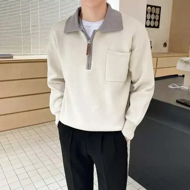 Wiaofellas  -  Knitted Sweaters for Men Zipper Spliced Man Clothes Pullovers With Pockets Brown Polo Zip-up Heated Cheap Korean Autumn A S